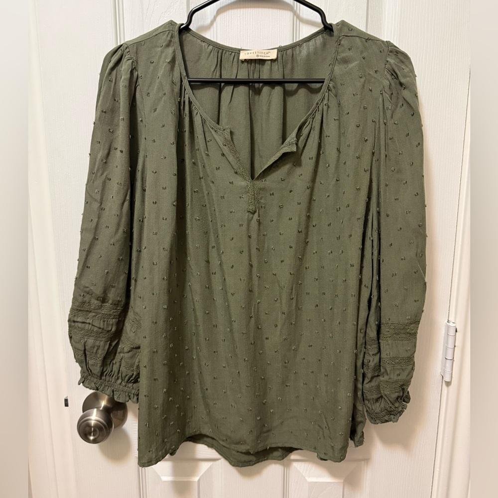 Lovestitch Olive green Swiss dot peasant top with crochet lace details